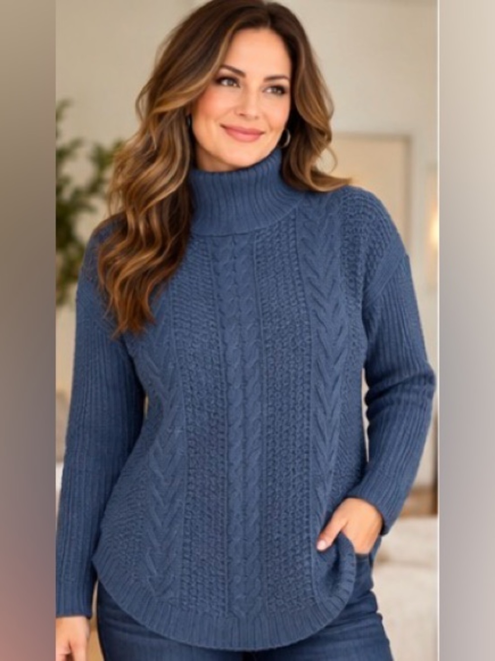 Guilty Blue Cable Knit Turtleneck Cottage Core Curved Hem Size L